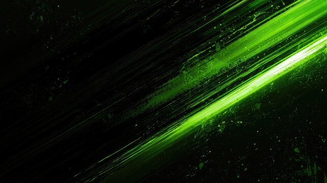 Energetic neon green streaks slash across a dark, textured background