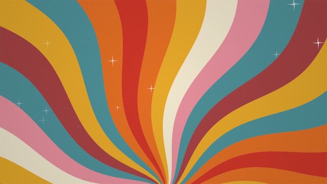 Groovy Sunburst Retro 70s Psychedelic Abstract Motion Graphic Background Loop with Colorful Wavy Stripes and Twinkling Stars