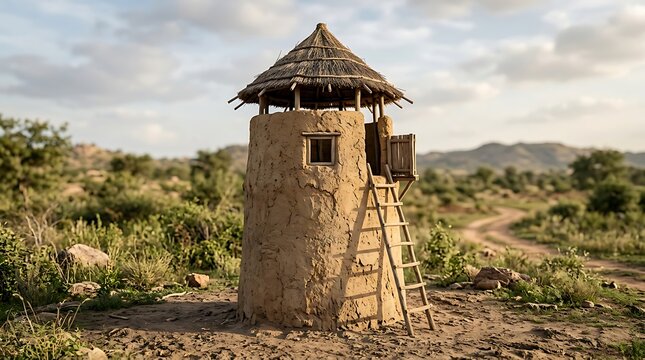 Traditional mud tower with thatched roof in rural landscape