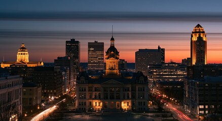 Fototapeta premium Dusk over city skyline with historic building and illuminated skyscrapers