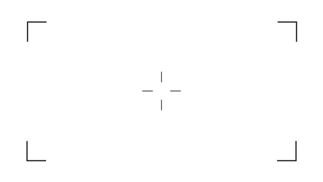 Camera focus interface: A minimalist graphic representation of a camera's focusing reticle and corner markers, symbolizing precision, capture, and a technological approach to photography.