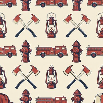Retro firefighter pattern with vintage fire trucks and axes. Classic emergency hero seamless wallpaper design for safety-themed decor.