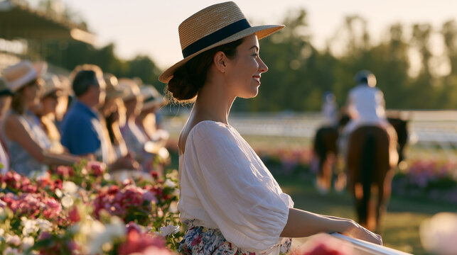 Elegant Woman Wearing a Stylish Straw Hat Enjoying the Festive Atmosphere at the Spring Racing Carnival Outdoors at Sunset