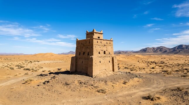 Ancient mud brick tower in a vast desert landscape under blue sky