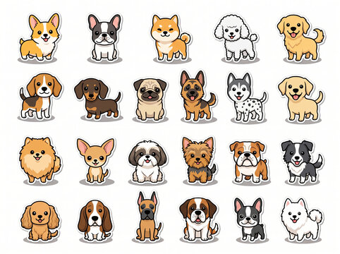 Cute cartoon dog breeds sticker set vector illustration.