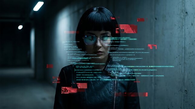 Cyberpunk hacker woman with short black hair wearing aviator glasses and a leather jacket, digital interface with code and data glitches in a dark tunnel