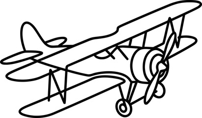 Simple outline drawing of a vintage biplane aircraft with propeller and wheels © Putri