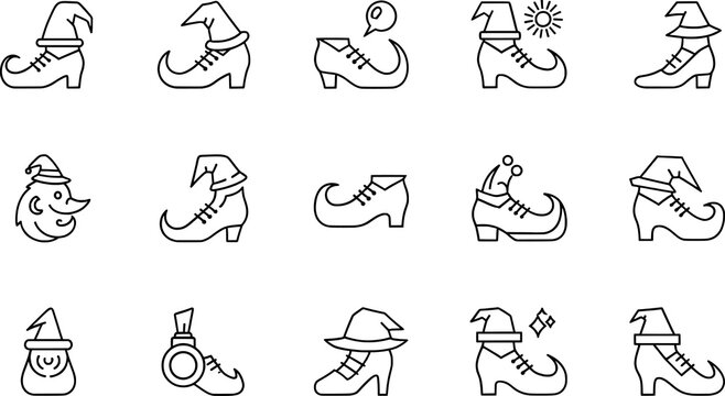 Black and white fantasy shoe icon set, whimsical footwear symbol collection, magical vector artwork, minimal graphic illustration style