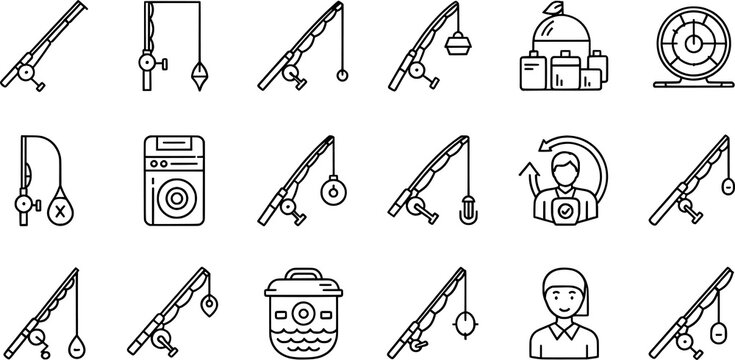 Black and white fishing recreation icon set, rod hook lure household symbol collection, minimal vector artwork, clean graphic illustration style
