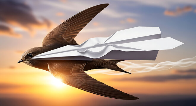 White paper airplane flying against a sunset sky with a blurred horizon.