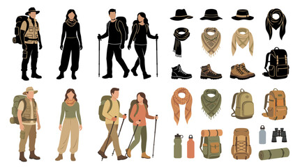 Professional vector collection featuring different man and woman wearing stylish desert adventure outfits, lightweight safari clothing, breathable long-sleeve shirts, cargo pants, hiking boots © mehdik