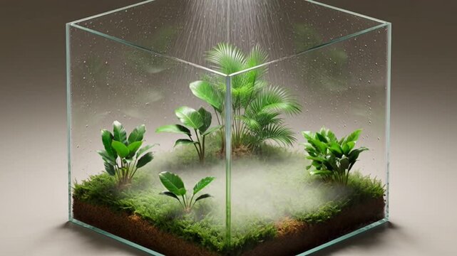 A miniature ecosystem inside a glass cube with lush green plants and moss.
