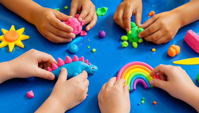 Top view of children's hands molding colorful clay figures on a blue table. Kids creating a dinosaur, rainbow, and animals with playdough