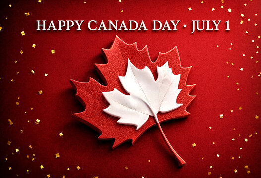 Celebrate canada day with a vibrant red maple leaf and golden confetti background design