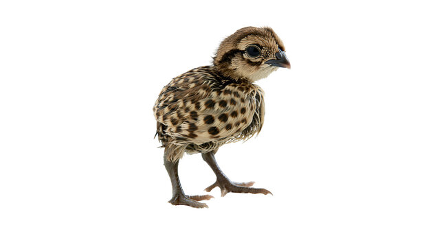 Small spotted quail chick standing, isolated on transparent background