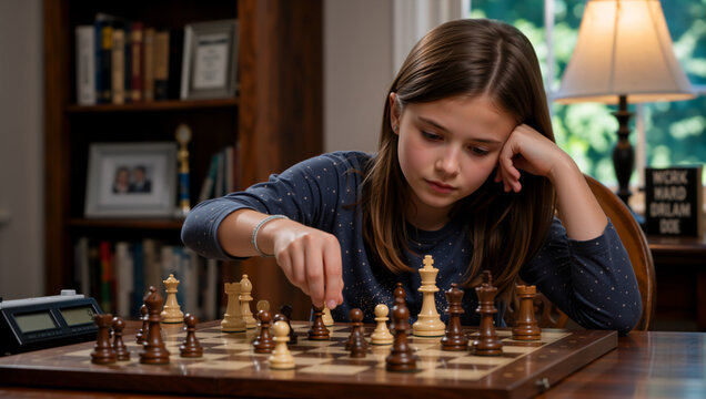 Focused young girl playing chess at a wooden table. Intelligent child concentrating on a strategic board game indoors