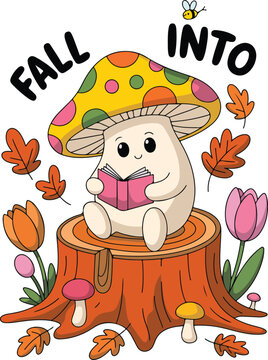 Cute Mushroom Reading Book on Tree Stump Fall Clipart
