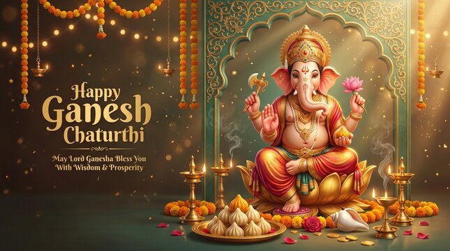 Happy Ganesh Chaturthi Celebration Banner &ndash; Teal and Golden Glow Background with Clay Ganesha Idol and Copy Space