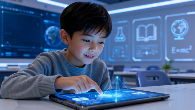 Young Asian boy using a futuristic tablet with holographic interface in a modern classroom. Smart student interacting with digital STEM education graphics