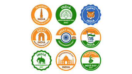 Fototapeta premium India Independence Day Badge Collection Featuring National Symbols and Landmarks