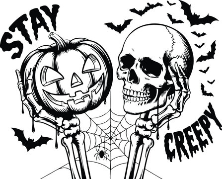Halloween Ghost and Pumpkins Silhouette Coloring Page
