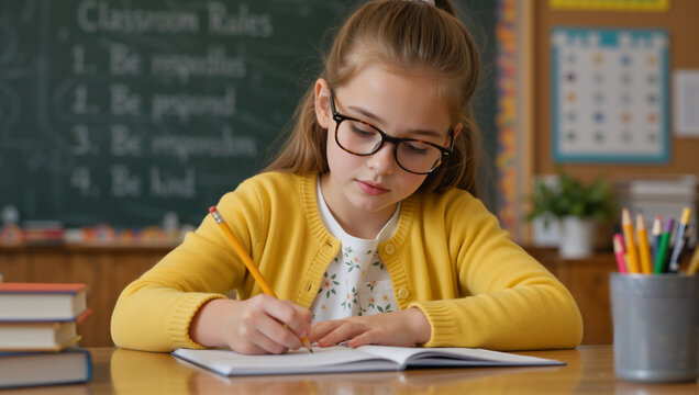 Focused schoolgirl with glasses writing in a notebook at her desk. Young student studying in a classroom with a chalkboard. Elementary education concept