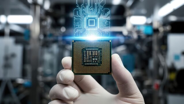 CPU processor held in a gloved hand with a digital circuit board hologram glowing above it in a blurred industrial manufacturing facility.