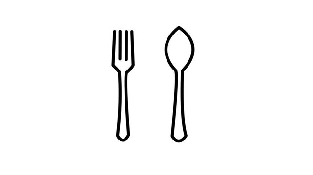 Fork and spoon animated icon for restaurant cutlery. Culinary food, dining, eating, utensil, dishware, and silverware. 4k animation video