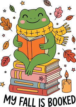  Adorable fall book lover design featuring a happy frog wearing a scarf, reading on a stack of books with autumn leaves