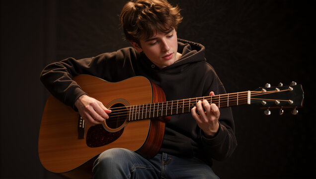 Young man playing acoustic guitar against a dark background. Focused teenage musician practicing chords on a wooden instrument. Music hobby and passion concept