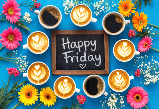 Colorful happy friday celebration with coffee cups flowers and chalkboard sign on blue background