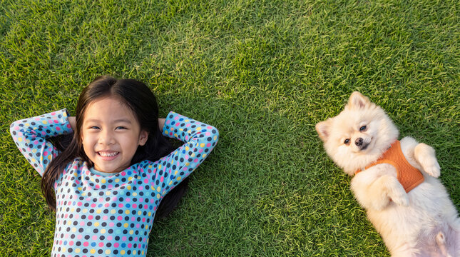 Top view of a smiling young Asian girl lying on green grass next to her cute fluffy Pomeranian dog wearing an orange harness. They are looking up at the camera in a park