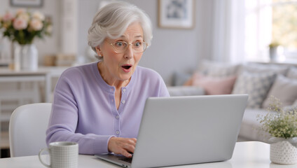 Fototapeta premium Surprised senior woman looking at laptop screen at home. Excited elderly female with glasses reacting to good news online. Technology and retirement concept