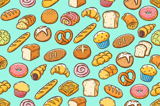 Colorful bakery icon seamless pattern on blue background