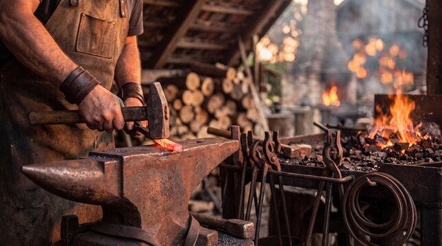 Artisan hammering glowing wrought iron on an anvil in a rustic workshop.