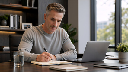 Fototapeta premium Focused middle aged businessman writing in notebook at office desk. Mature male executive working on laptop in home office. Planning and strategy concept