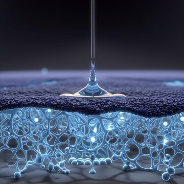 Microscopic 3D animation of a blue serum droplet falling and absorbing deep into a porous collagen skin cell matrix layer representing advanced skincare technology