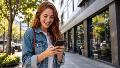 Fototapeta premium Happy young redhead woman smiling while looking at her smartphone on a city street. Cheerful female holding mobile phone outdoors. Urban lifestyle and technology concept