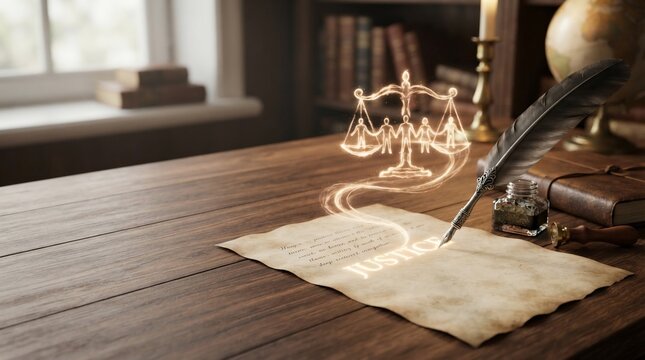 Antique desk with legal symbols and glowing text