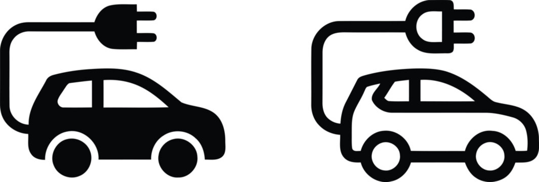 Set of electric vehicle charging icons solid and outline car with plug symbol electric charging transport sustainability environment silhouette technology innovation