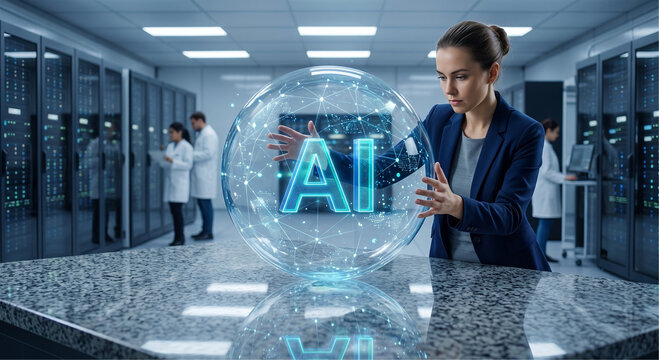 Artificial Intelligence Innovation Concept with Businesswoman Interacting with AI Hologram in Data Center, Generative AI, Machine Learning, Enterprise Technology and Future Computing