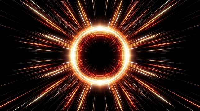 Glowing golden energy ring radiating intense light beams against deep black space background concept