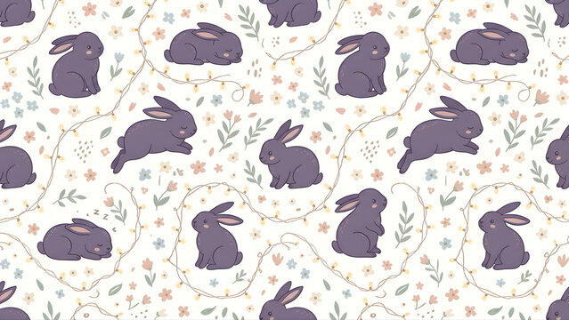 Seamless pattern with cute purple rabbits and floral elements.