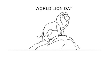 Obraz premium World Lion Day celebration, majestic lion standing on rock, minimalist line art