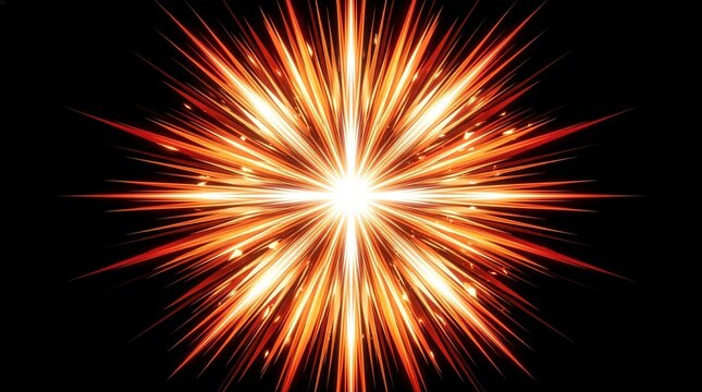 Fiery radiant explosion bursting with bright glowing light rays against deep dark black background