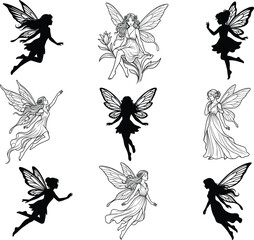 Fototapeta premium Vector illustration set of magical fairy silhouettes and detailed outline line art designsVector illustration set of magical fairy silhouettes and detailed outline line art designs