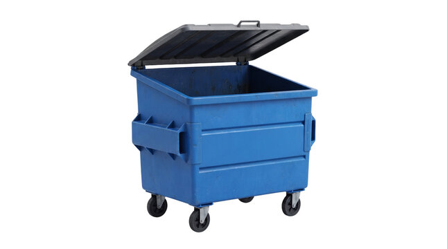 open blue dumpster isolated on transparent background png