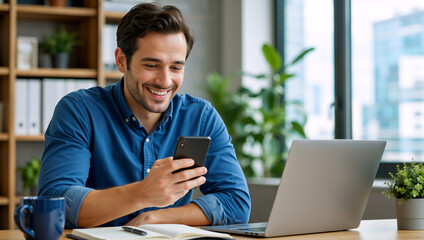 Fototapeta premium Smiling young businessman looking at smartphone in modern office. Happy male entrepreneur working at desk with laptop and mobile phone
