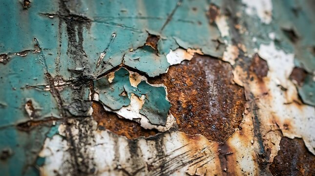 Closeup of weathered metal surface with peeling teal paint and rust texture abstract background showing decay, oxidation, and industrial wear and tear