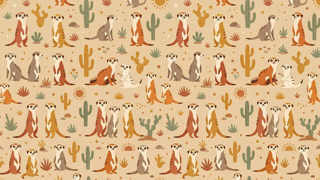 Seamless pattern with cute meerkats and desert cacti.